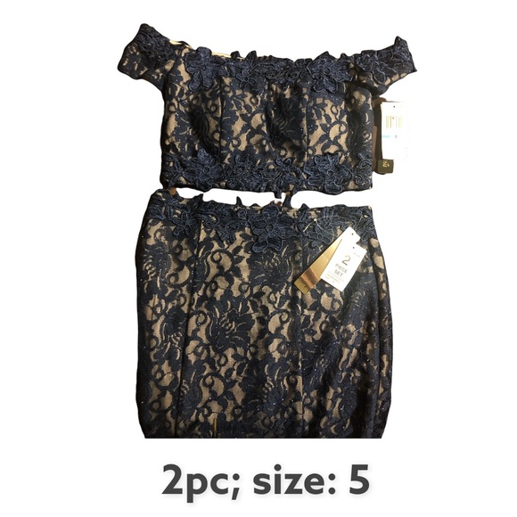 Prom 2-piece Blue Lace Sparkly Off the Shoulder Dress - Picture 2 of 7